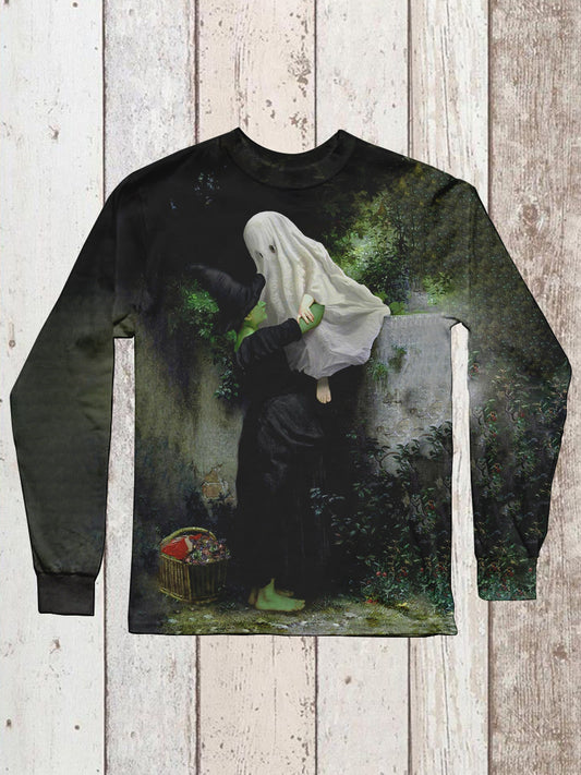 Witch And Ghost Baby Art Print Unisex Round Neck Long Sleeve Casual T-Shirt