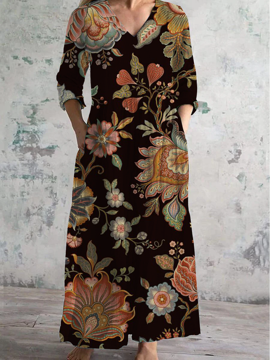 Floral Art Print V-Neck Long-Sleeved Casual Dress