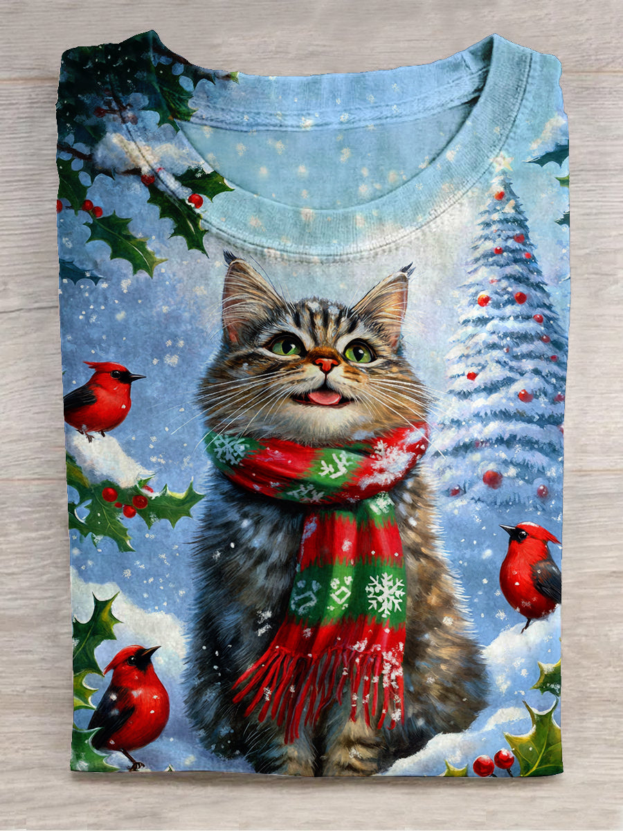 Christmas Cat Art Print Unisex Round Neck Short Sleeve Casual T-Shirt