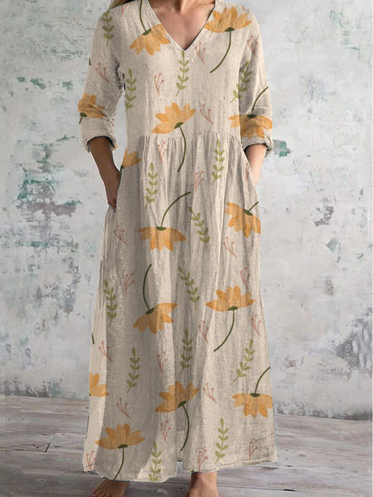 Floral Art Print V-Neck Long-Sleeved Casual Dress