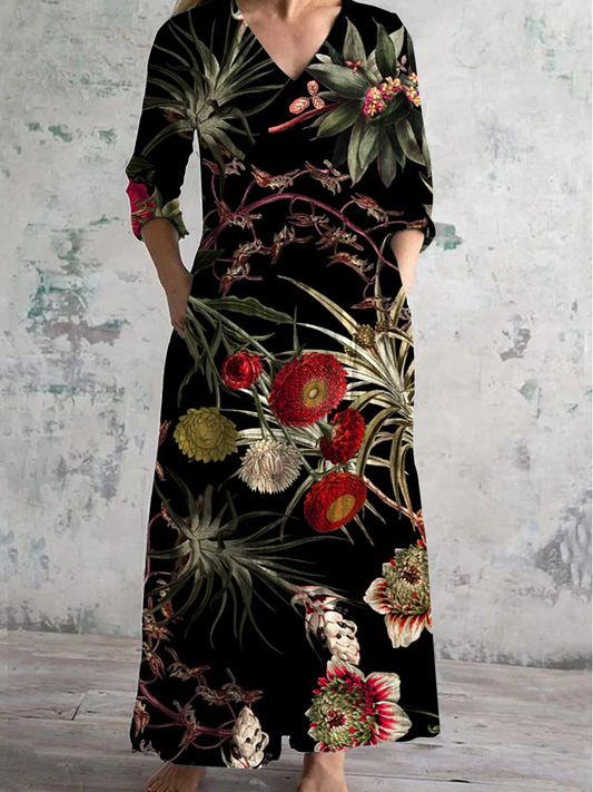 Floral Art Print V-Neck Long-Sleeved Casual Dress