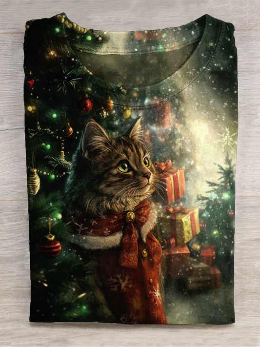 Christmas Cat Art Print Round Neck Short Sleeve Casual T-Shirt