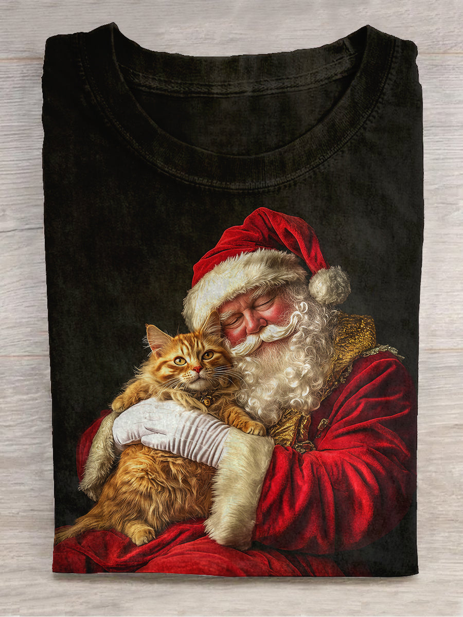 Santa Claus and Cat Art Print Unisex Crew Neck Short Sleeve Casual T-Shirt