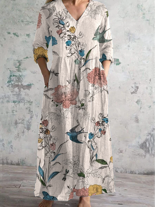 Floral Art Print V-Neck Long-Sleeved Casual Dress