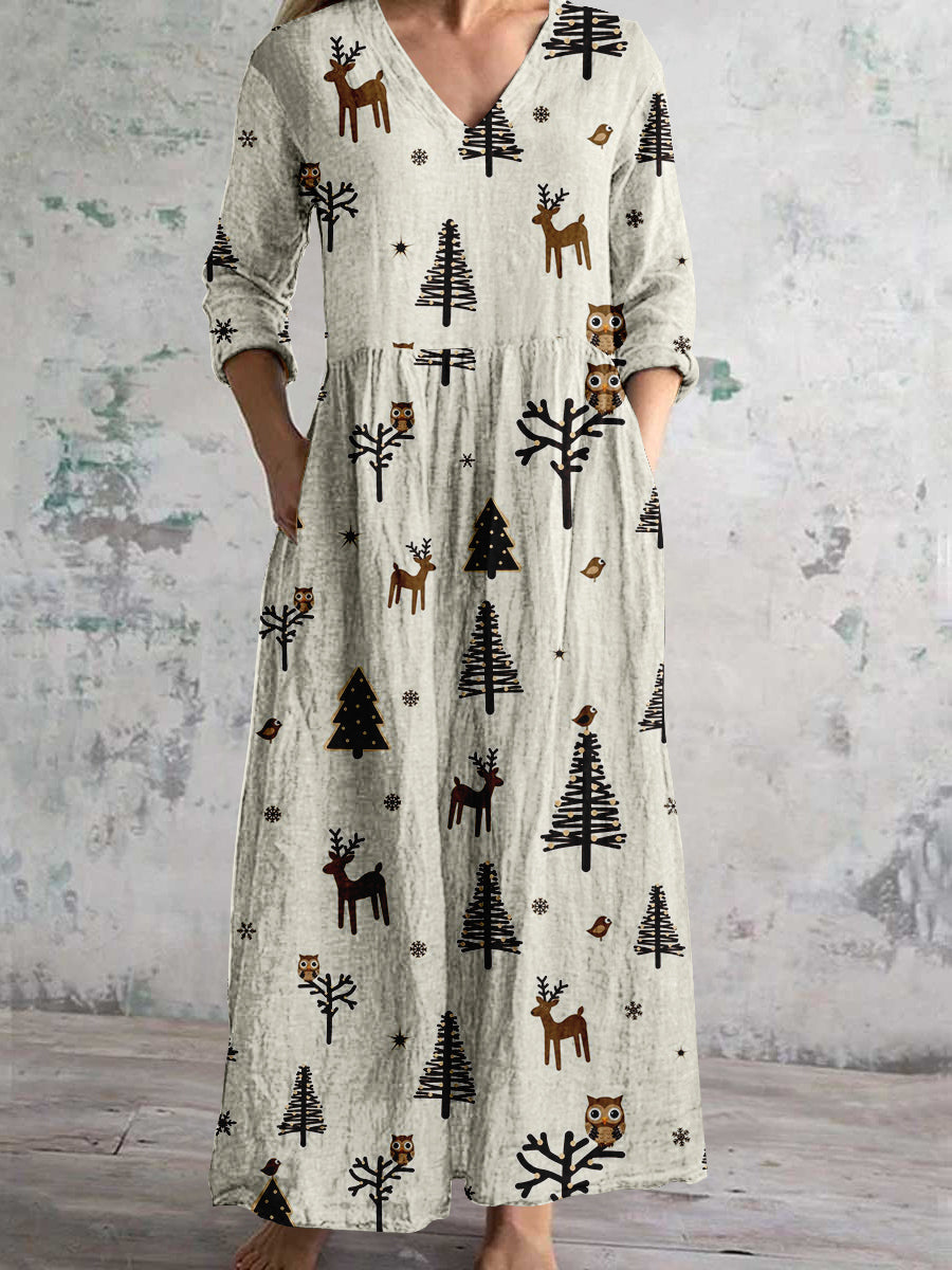 Christmas Art Print Women's V-Neck Long Sleeve Pocket Dress