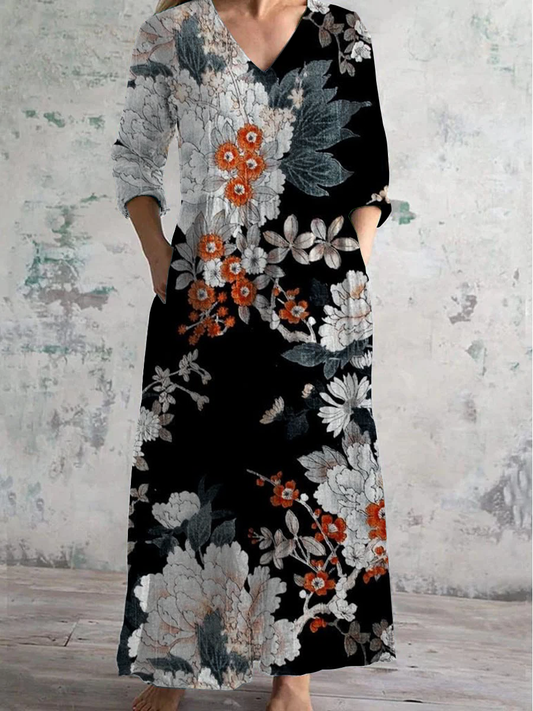 Floral Art Print V-Neck Long-Sleeved Casual Dress