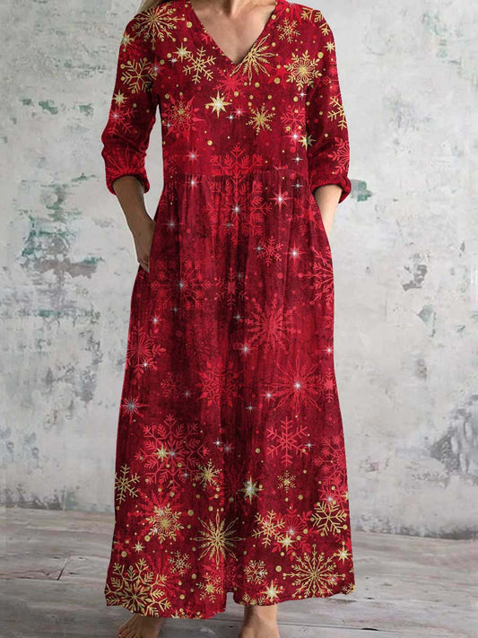 Christmas Snowflake Art Print Women's V-Neck Long Sleeve Pocket Dress