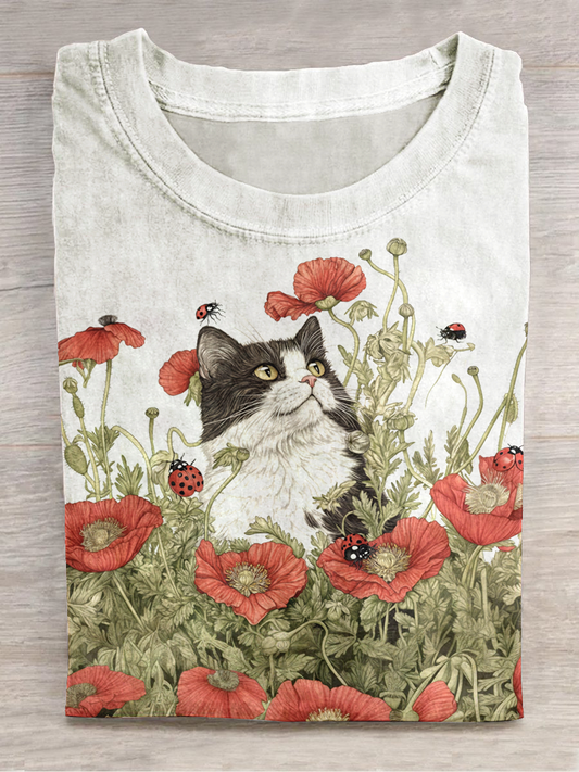 Cat Art Print Round Neck Short Sleeve Casual T-Shirt