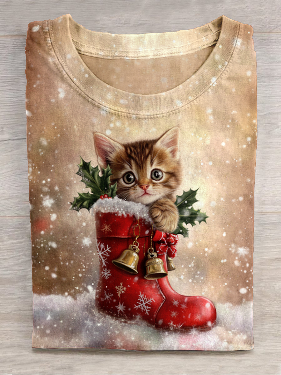 Christmas Cat Art Print Round Neck Short Sleeve Casual T-Shirt