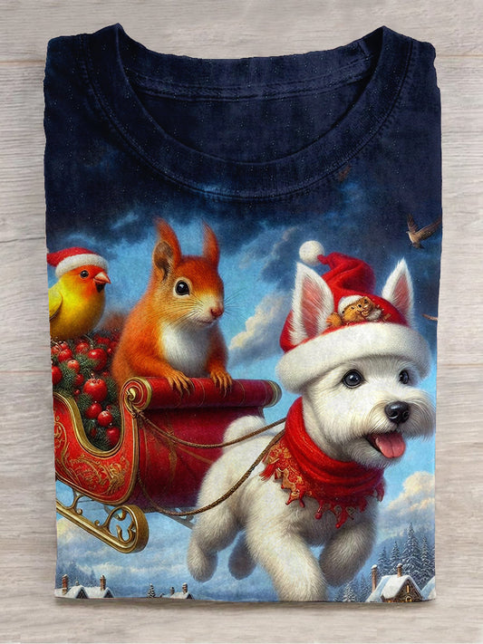 Christmas Sled Dog Art Print Unisex Round Neck Short Sleeve Casual T-Shirt