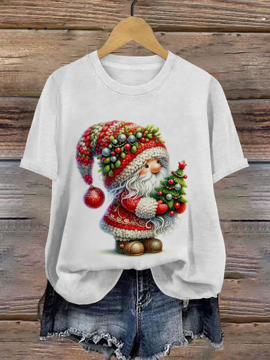 Christmas Gnome Art Print Unisex Crew Neck Short Sleeve Casual T-Shirt