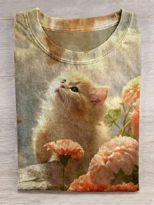 Cat Art Print Round Neck Short Sleeve Casual T-Shirt