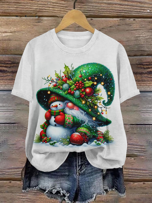 Christmas Gnome Art Print Unisex Crew Neck Short Sleeve Casual T-Shirt