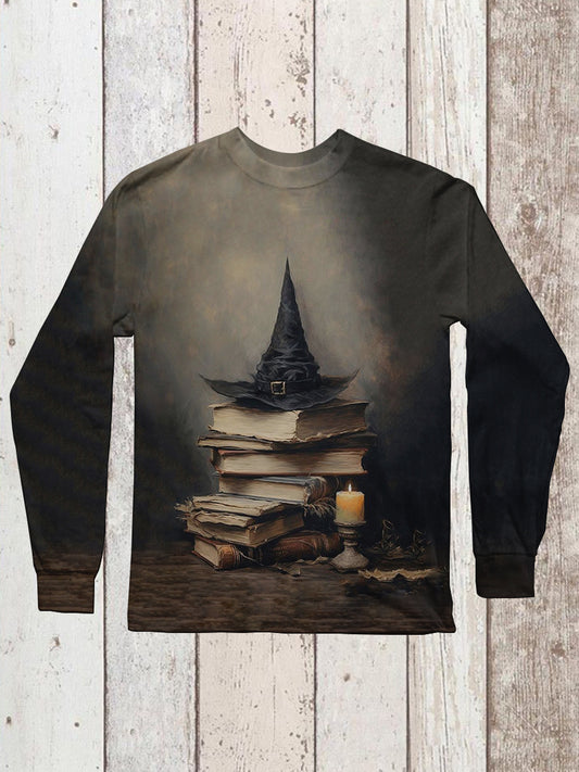 Magic Book Witch Art Print Unisex Round Neck Long Sleeve Casual T-Shirt