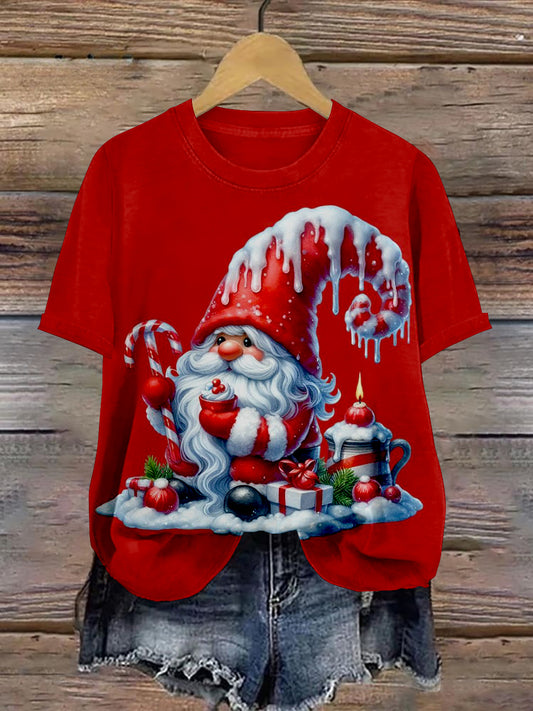 Christmas Gnome Art Print Unisex Crew Neck Short Sleeve Casual T-Shirt