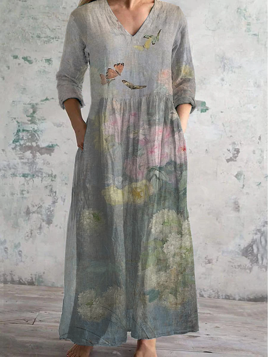 Floral Art Print V-Neck Long-Sleeved Casual Dress