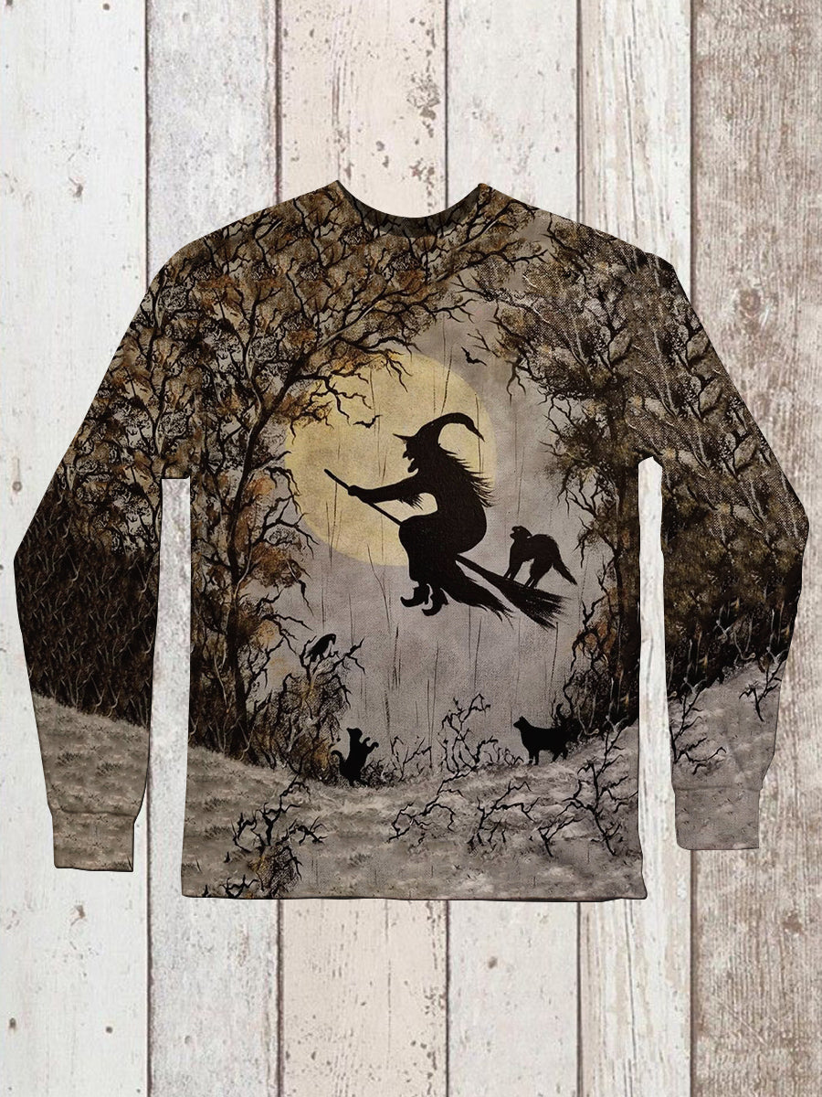 Witch Art Print Unisex Round Neck Long Sleeve Casual T-Shirt