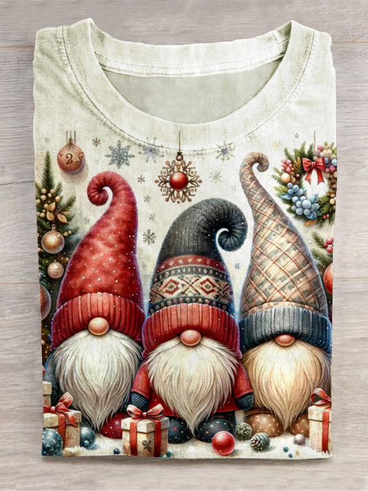 Christmas Art Print Round Neck Short Sleeve Casual T-Shirt