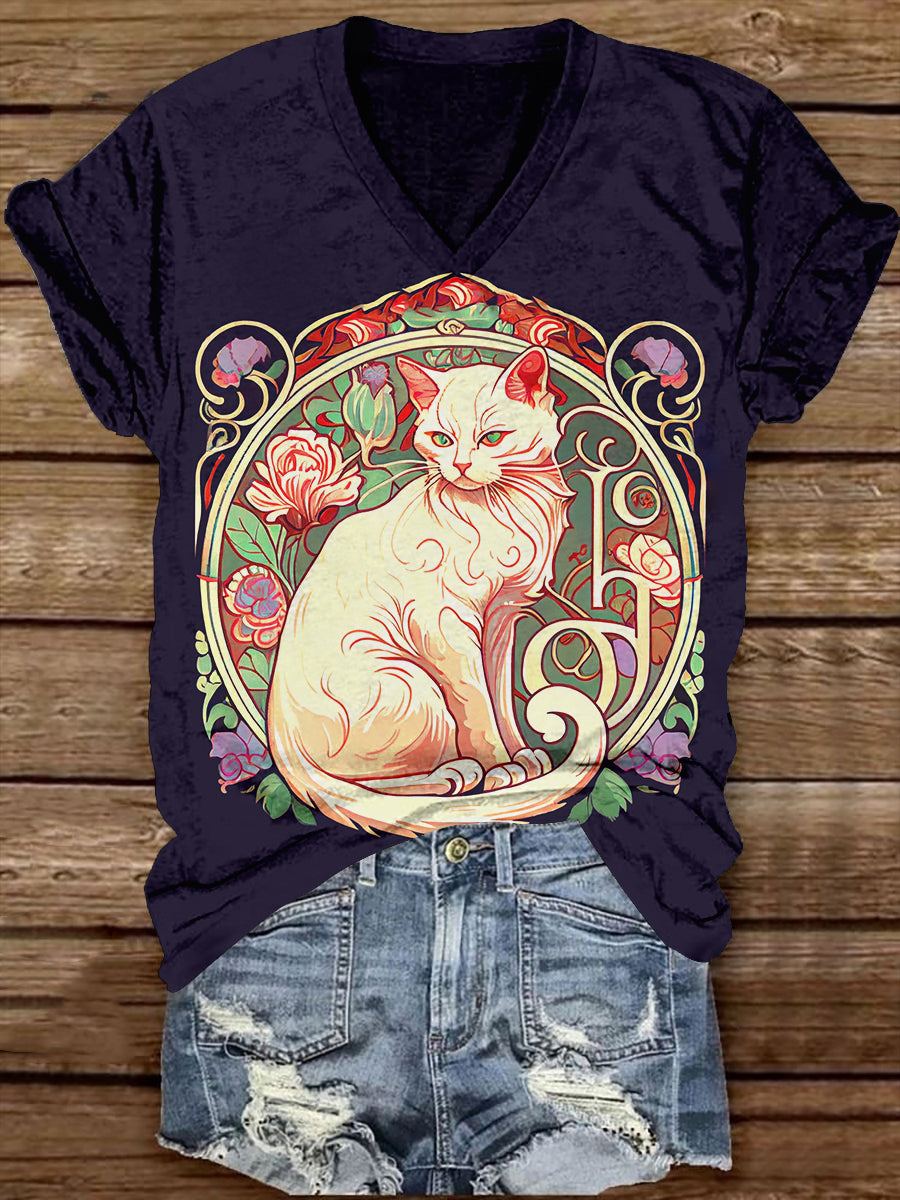 Divine White Cat With Rose V-Neck Short Sleeve Casual T-Shirt