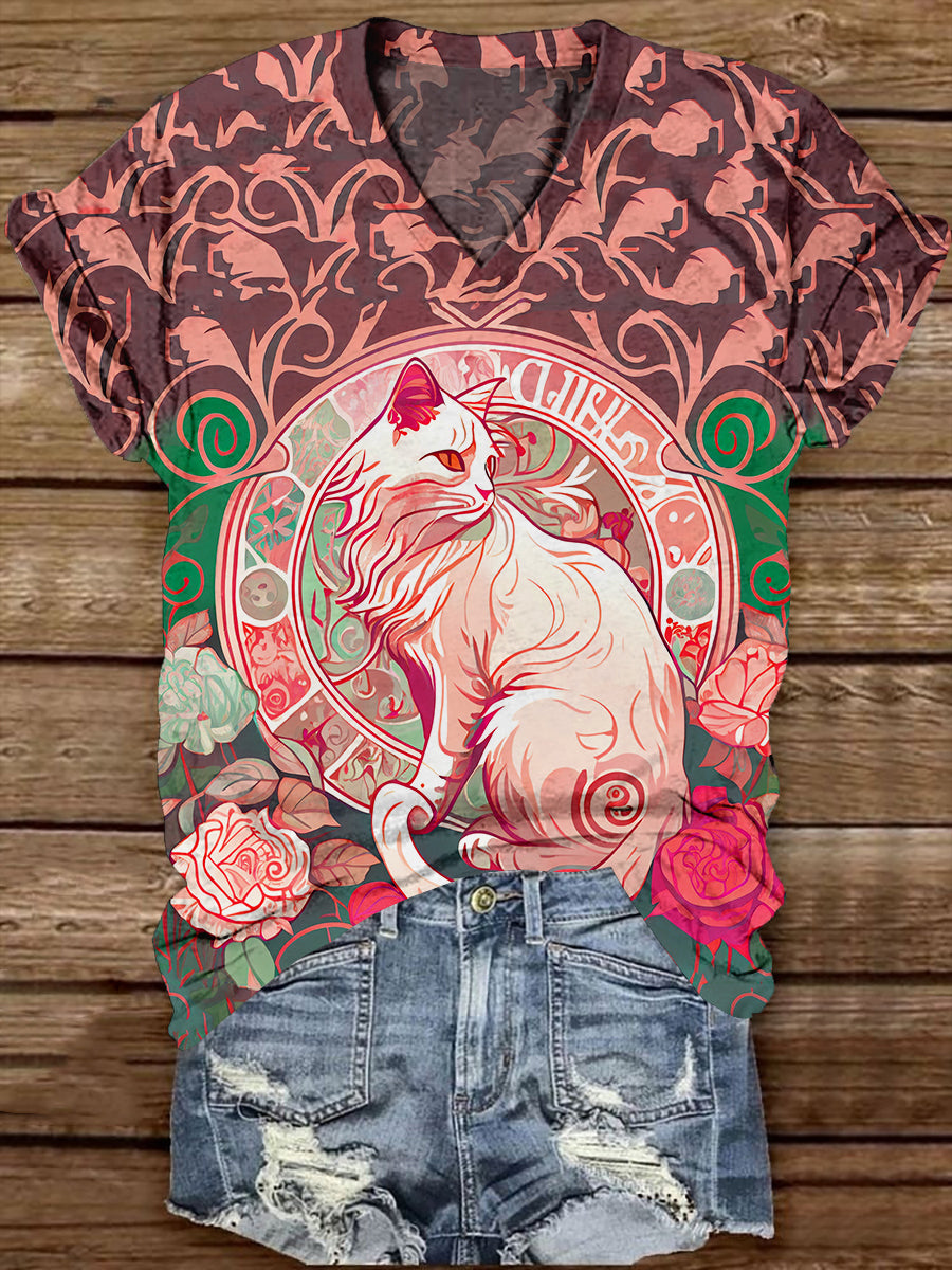 Divine White Cat With Rose V-Neck Short Sleeve Casual T-Shirt