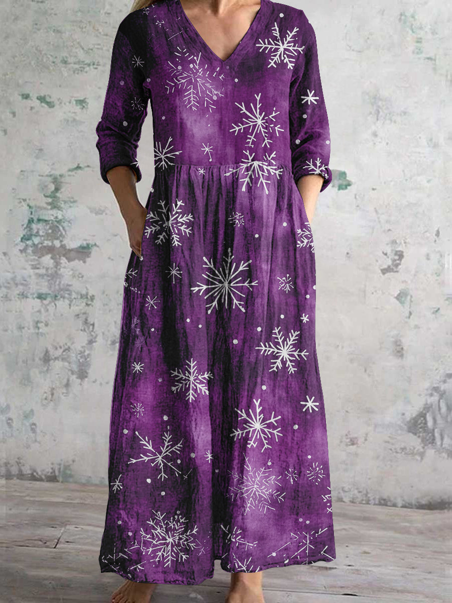 Christmas Snowflake Art Print Women's V-Neck Long Sleeve Pocket Dress