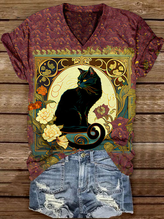 Divine Black Cat With Rose V-Neck Short Sleeve Casual T-Shirt