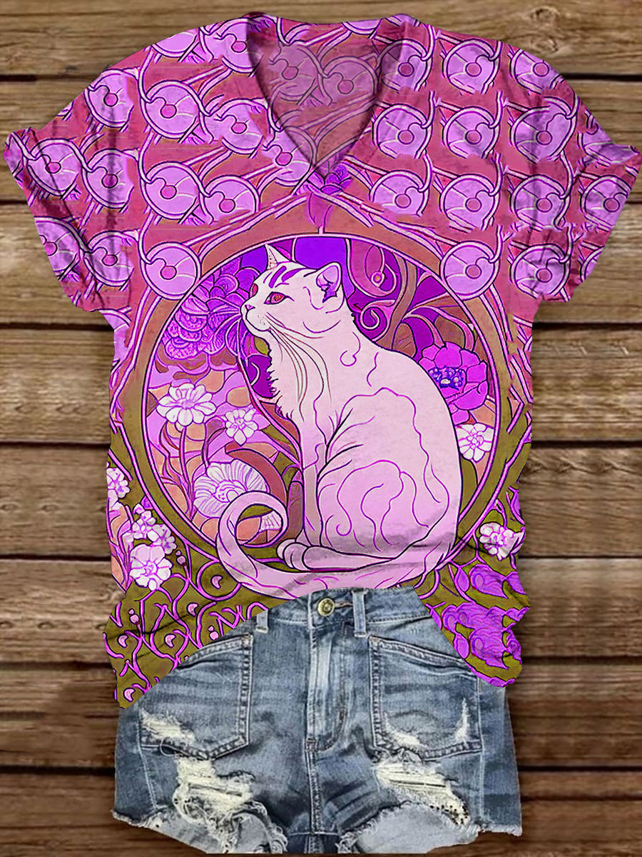 Divine White Cat With Rose V-Neck Short Sleeve Casual T-Shirt