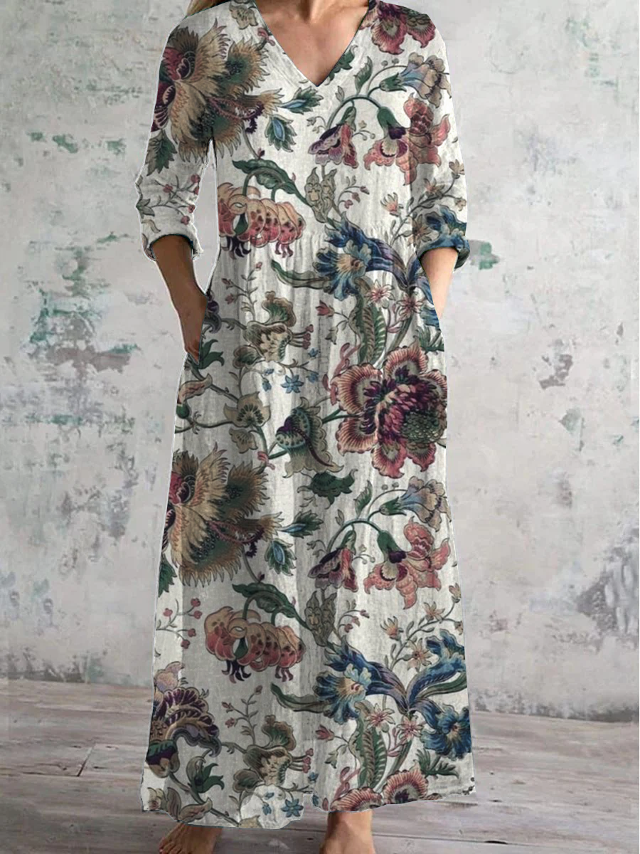 Floral Art Print V-Neck Long-Sleeved Casual Dress