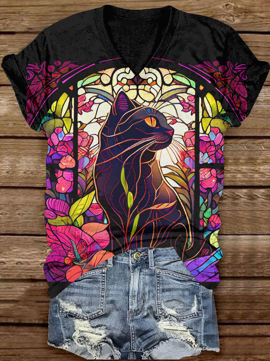 Divine Black Cat With Rose V-Neck Short Sleeve Casual T-Shirt