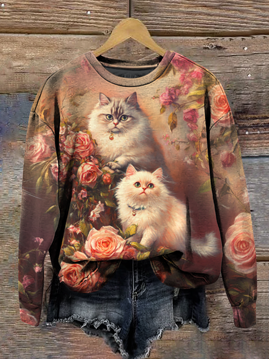 Floral Art Print Round Neck Long Sleeve Casual Sweatshirt