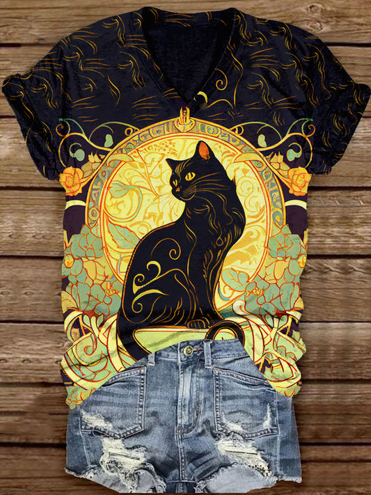 Divine Black Cat With Rose V-Neck Short Sleeve Casual T-Shirt