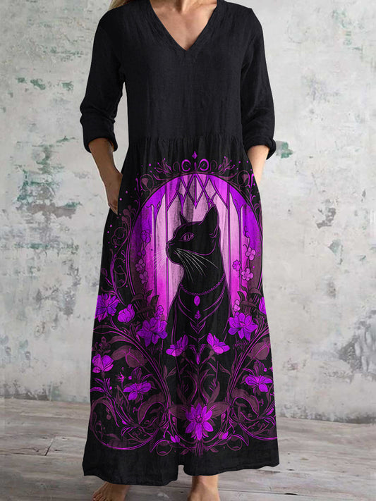 Divine Black Cat and Floral Art Print Women's V-Neck Long Sleeve Pocket Dress