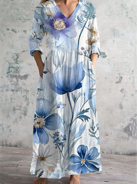 Floral Art Print V-Neck Long-Sleeved Casual Dress