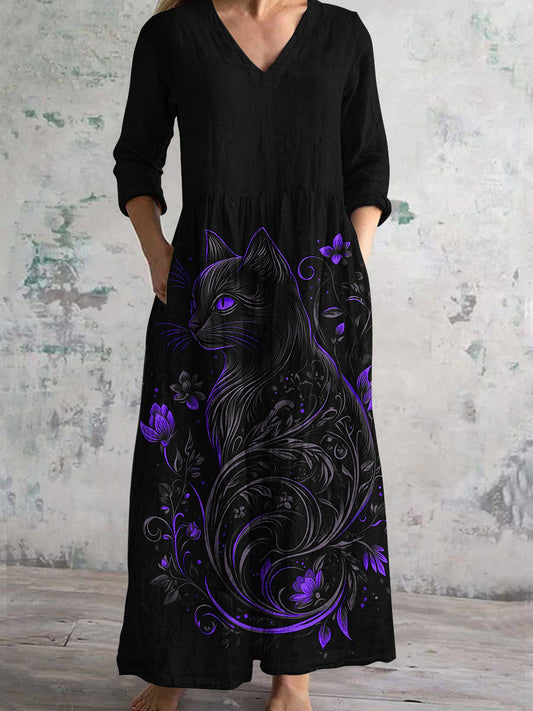 Divine Black Cat and Floral Art Print Women's V-Neck Long Sleeve Pocket Dress