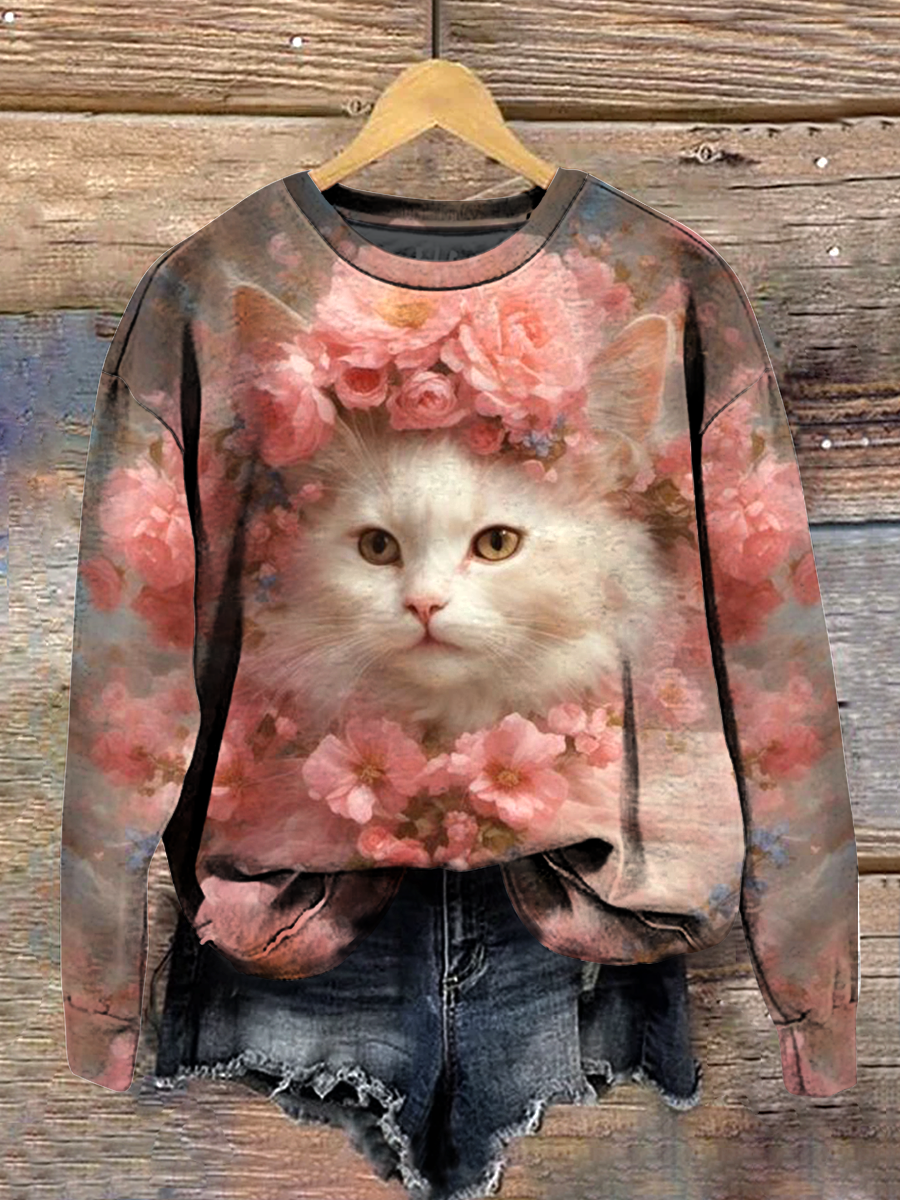 Floral Art Print Round Neck Long Sleeve Casual Sweatshirt