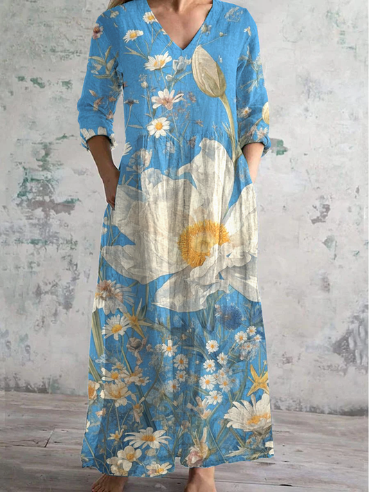 Floral Art Print V-Neck Long-Sleeved Casual Dress