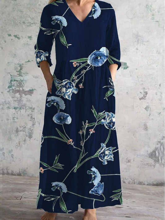 Floral Art Print V-Neck Long-Sleeved Casual Dress