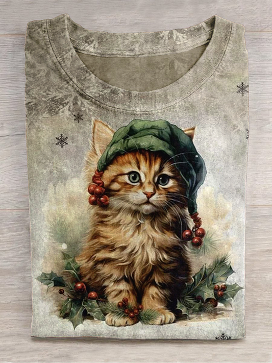 Christmas Art Print Round Neck Short Sleeve Casual T-Shirt