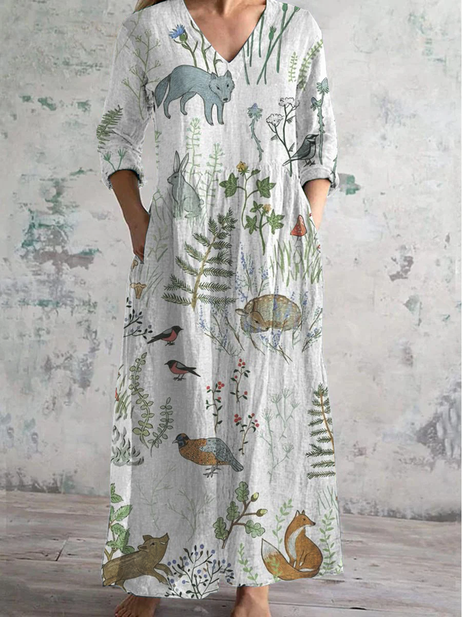 Floral Art Print V-Neck Long-Sleeved Casual Dress