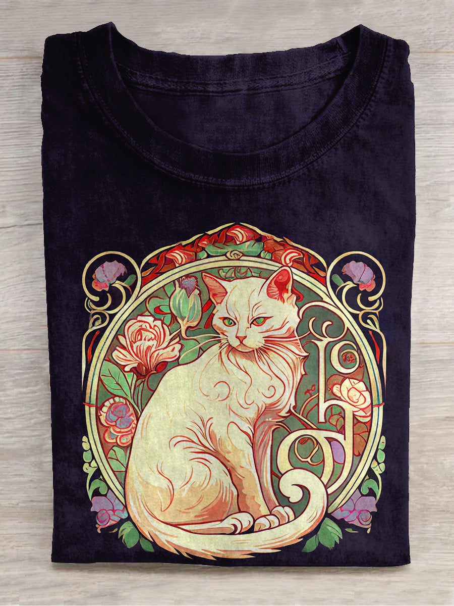 Divine White Cat With Rose Round Neck Short Sleeve Casual T-Shirt