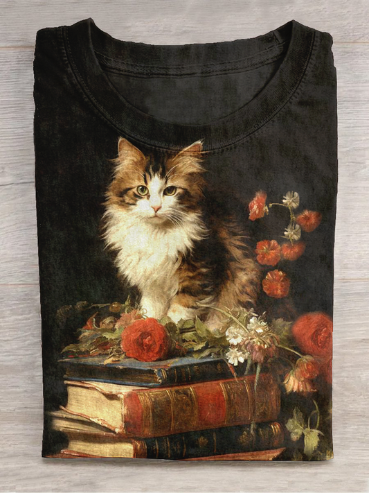 Cat Art Print Round Neck Short Sleeve Casual T-Shirt