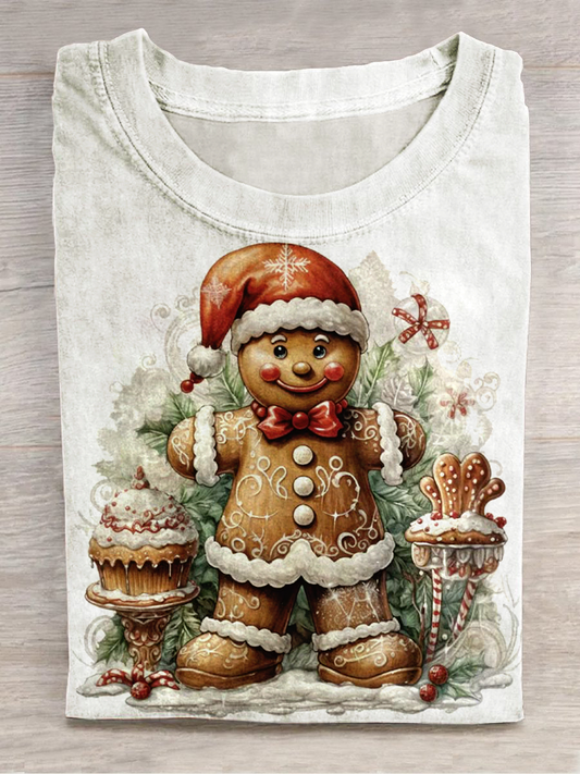 Christmas Art Print Round Neck Short Sleeve Casual T-Shirt