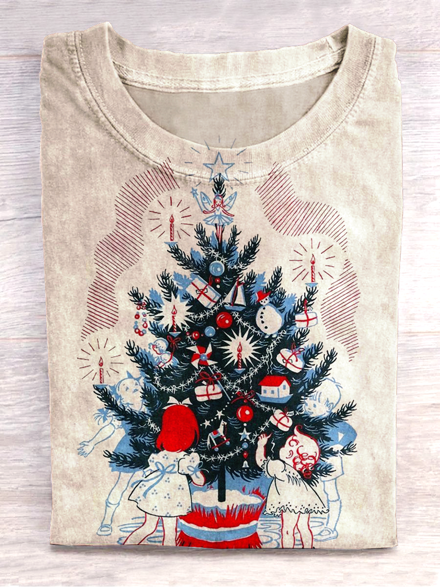 Christmas Art Print Round Neck Short Sleeve Casual T-Shirt