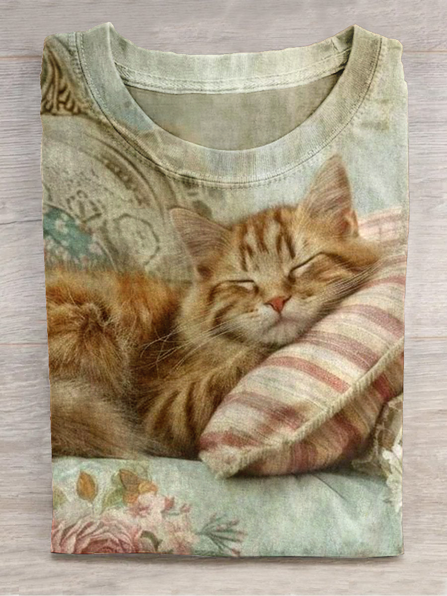 Cat Art Print Round Neck Short Sleeve Casual T-Shirt