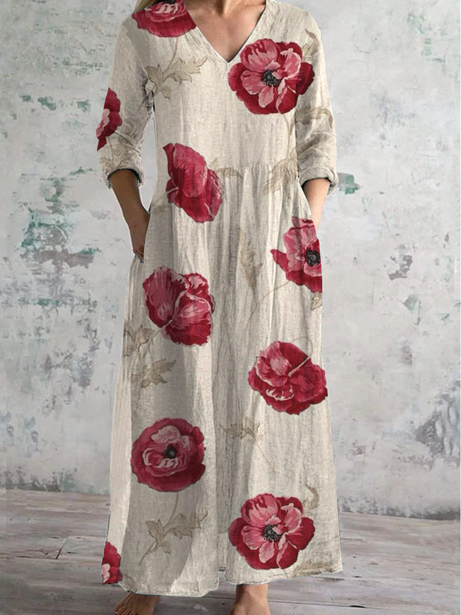 Floral Art Print V-Neck Long-Sleeved Casual Dress