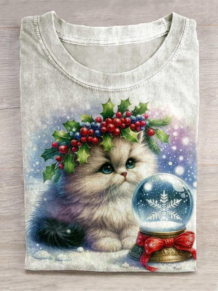 Christmas Art Print Round Neck Short Sleeve Casual T-Shirt