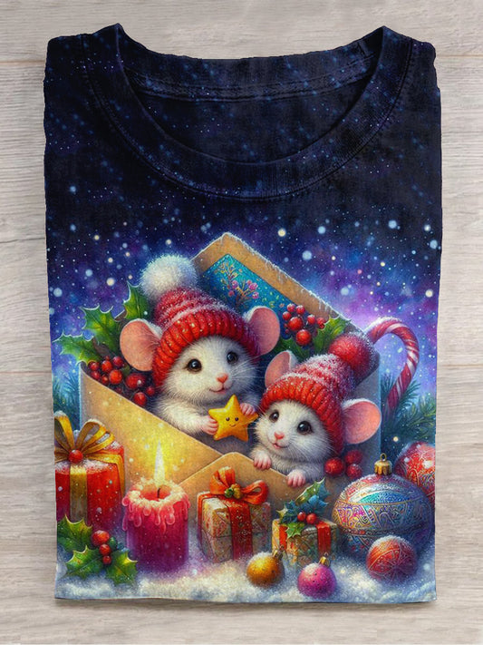 Christmas Mouse Art Print Unisex Round Neck Short Sleeve Casual T-Shirt