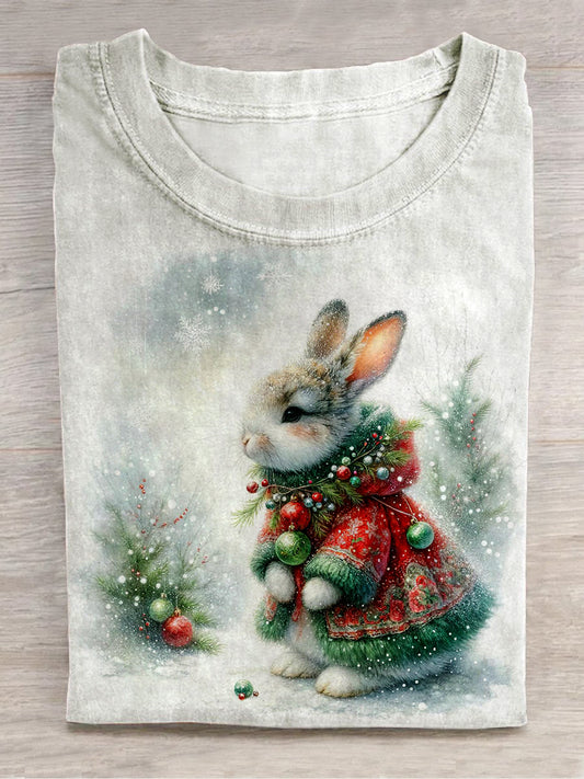 Rabbit Christmas Art Print Unisex Round Neck Short Sleeve Casual T-Shirt