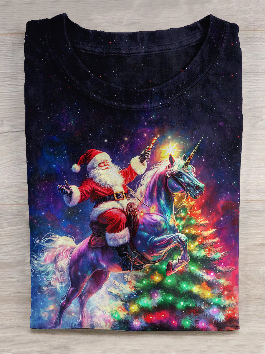 Santa Claus and Unicorn Christmas Art Print Unisex Crew Neck Short Sleeve Casual T-Shirt