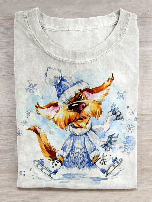 Snowy Skating Dog Art Print Unisex Round Neck Short Sleeve Casual T-Shirt